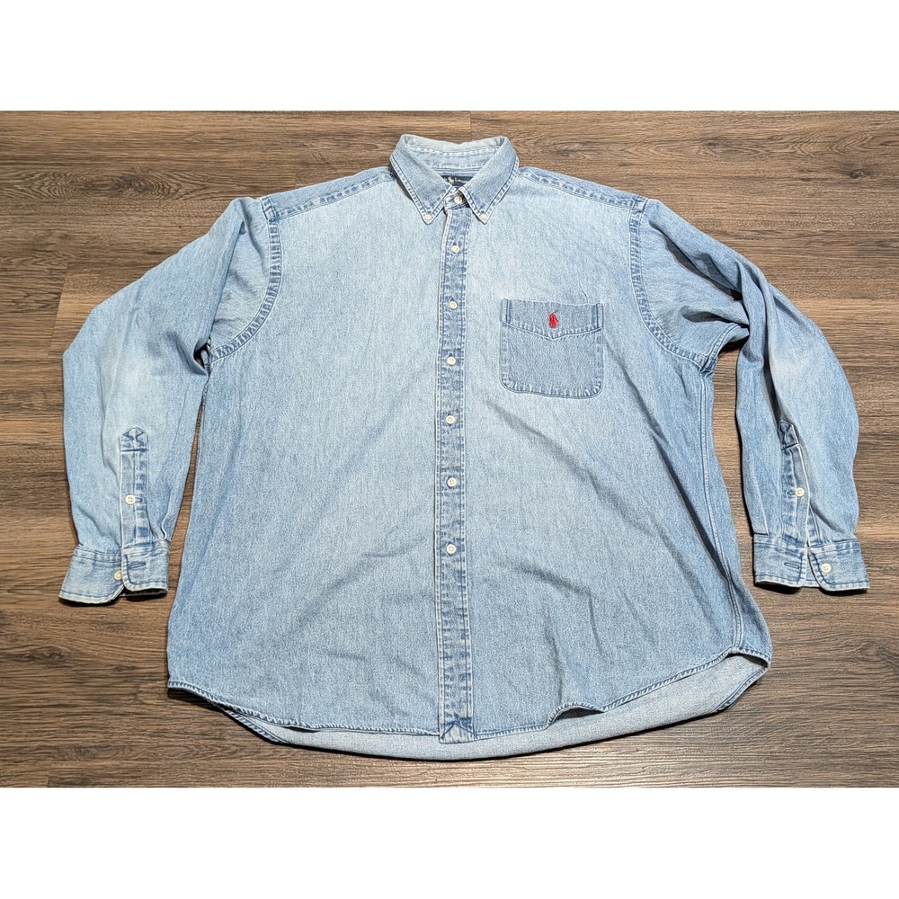 Ralph Lauren Big Shirt Denim Button Down Mens Large Light Wash Vintage 90s Pony